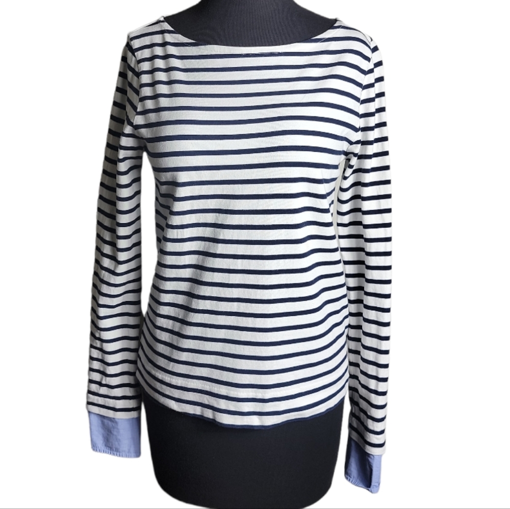 J. Crew blue white striped boatneck top women's XS french cuff long sleeve